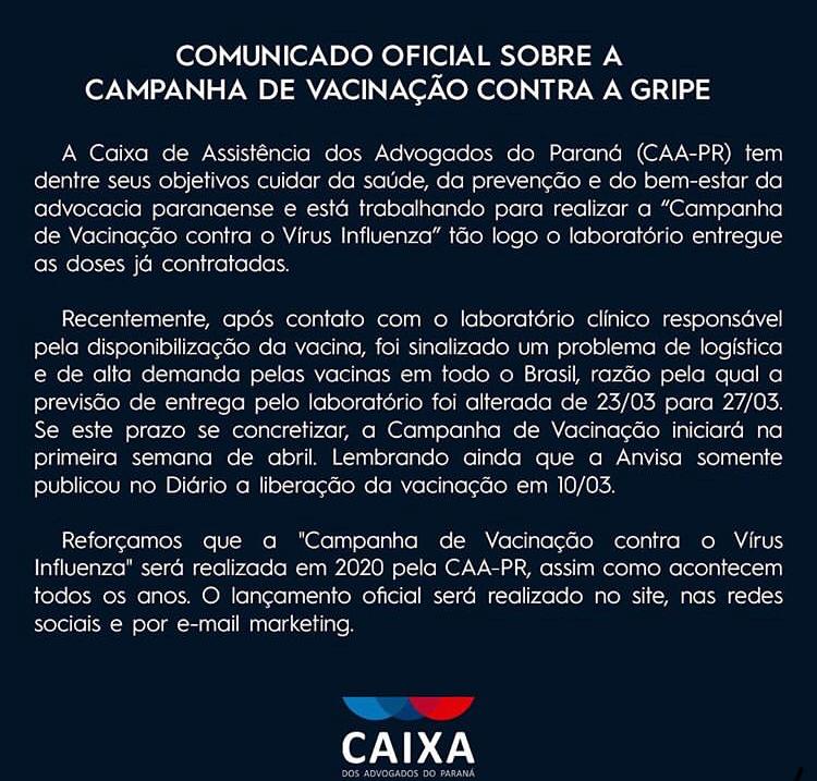 COMUNICADO OFICIAL SOBRE A CAMPANHA DE VACINAÇÃO CONTRA A GRIPE 